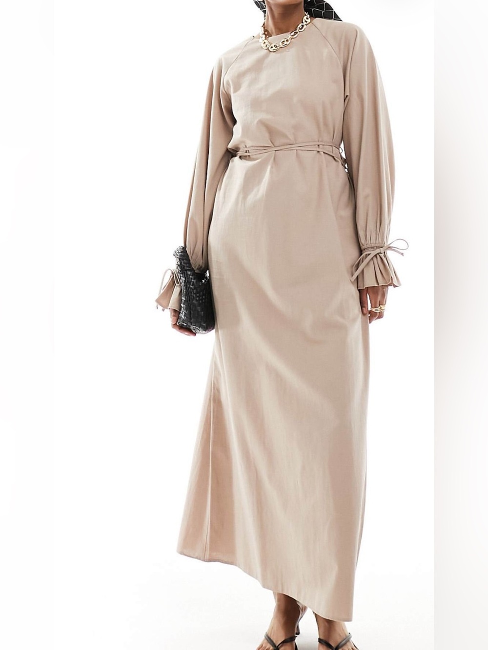 ASOS Beige Long Sleeve Maxi Dress with Tie Cuffs